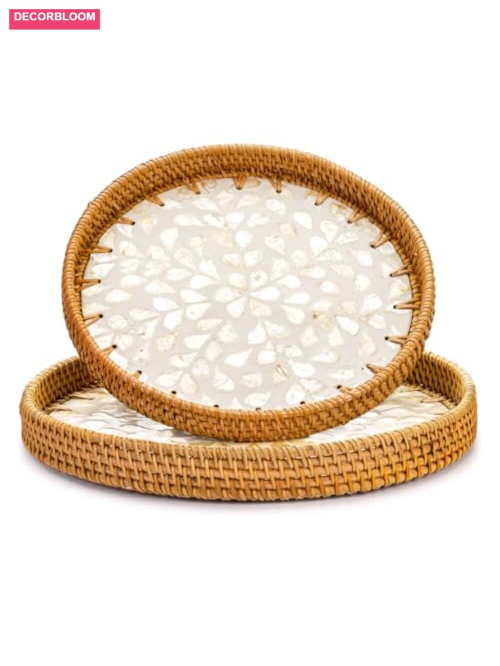 2 Pack Rattan Trays with Mother of Pearl Inlay, Wicker Serving Trays, - Picture 1 of 6